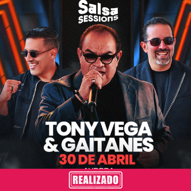 Foto promocional del evento TONY VEGA & GAITANES describiendo los participantes y fechas del evento.