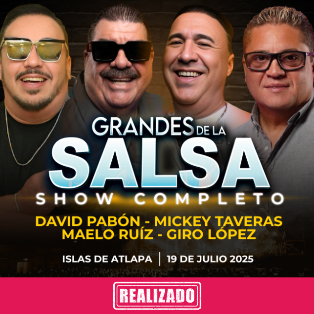 Foto promocional del evento GRANDES DE LA SALSA describiendo los participantes y fechas del evento.
